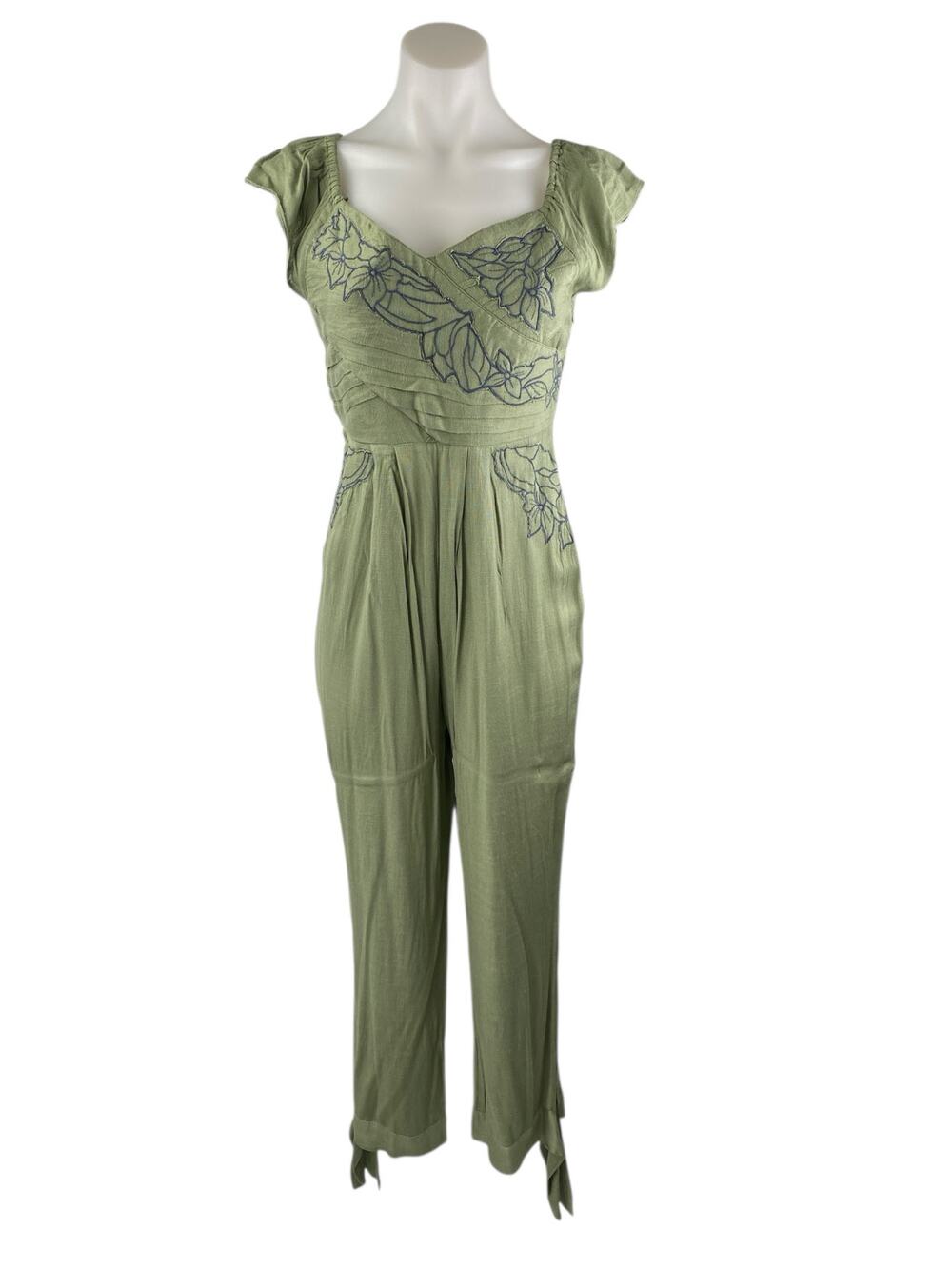 Free People In The Moment Green Floral Embroidered Off The Shoulder Jumpsuit 2